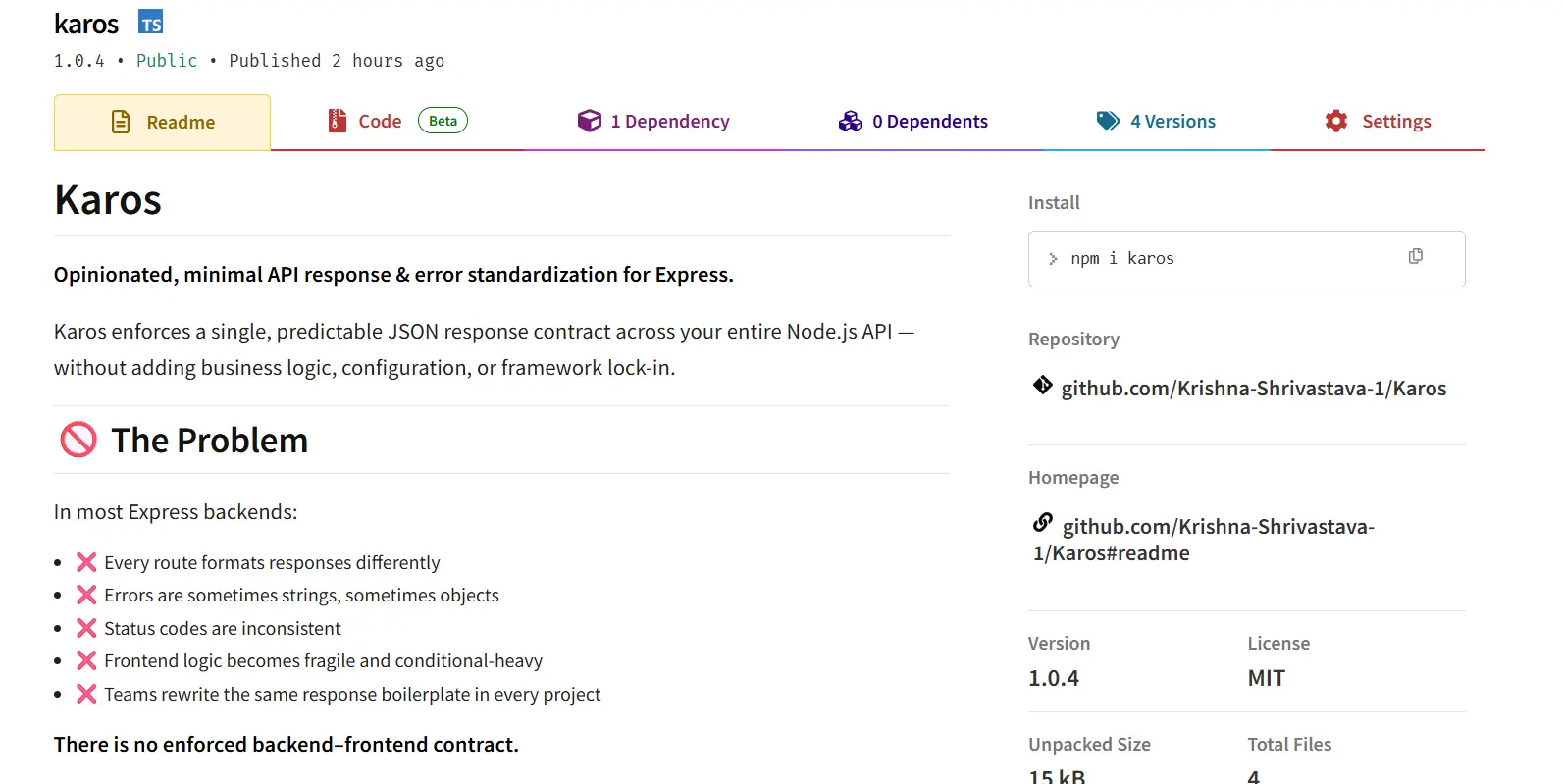 I Published My First npm Package: Karos