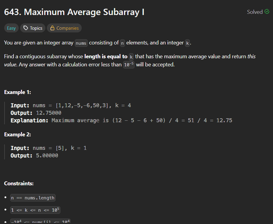 Maximum Average Subarray I — Efficient Solution Using Sliding Window (LeetCode 643)