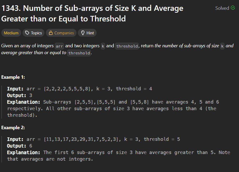 Count Subarrays of Size K with Average ≥ Threshold — Sliding Window Solution (LeetCode 1343)
