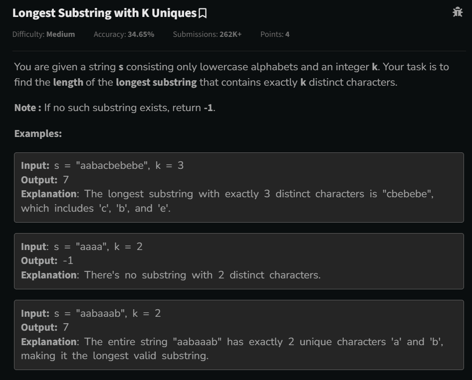 Longest Substring with K Unique Characters – Efficient Sliding Window Solution