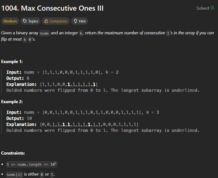 Max Consecutive Ones III – Sliding Window with Limited Flips