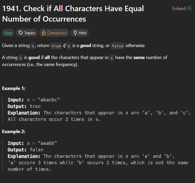 Check if All Characters Have Equal Number of Occurrences – Frequency Map Approach (LeetCode 1941)