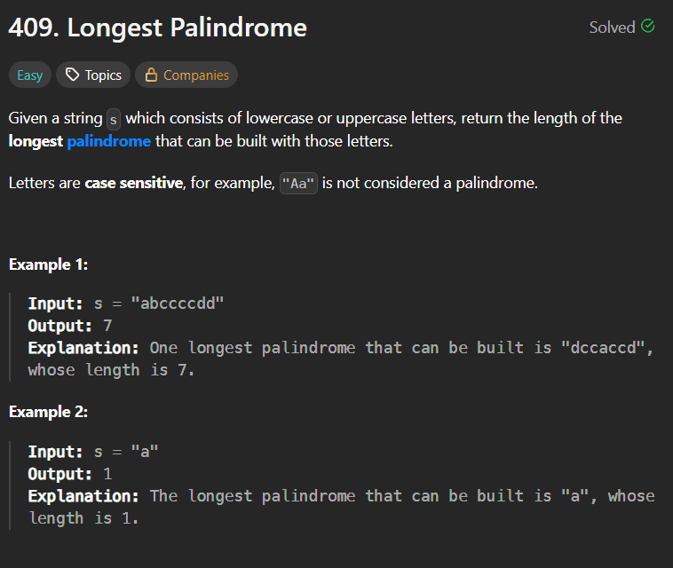 Longest Palindrome – Building the Maximum Length from Given Letters (LeetCode 409)