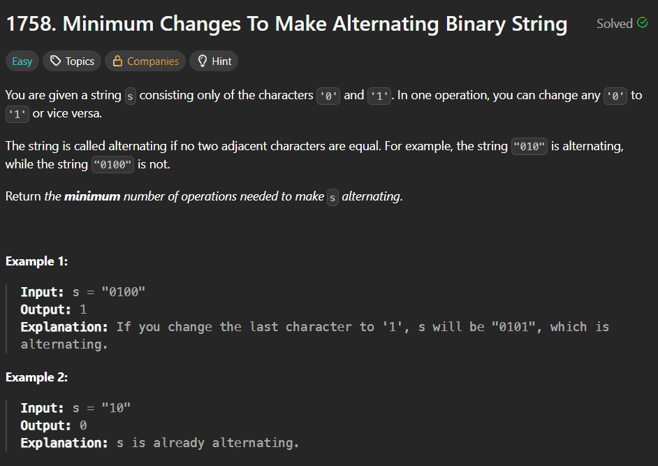 Minimum Changes to Make Alternating Binary String – LeetCode 1758 Explained