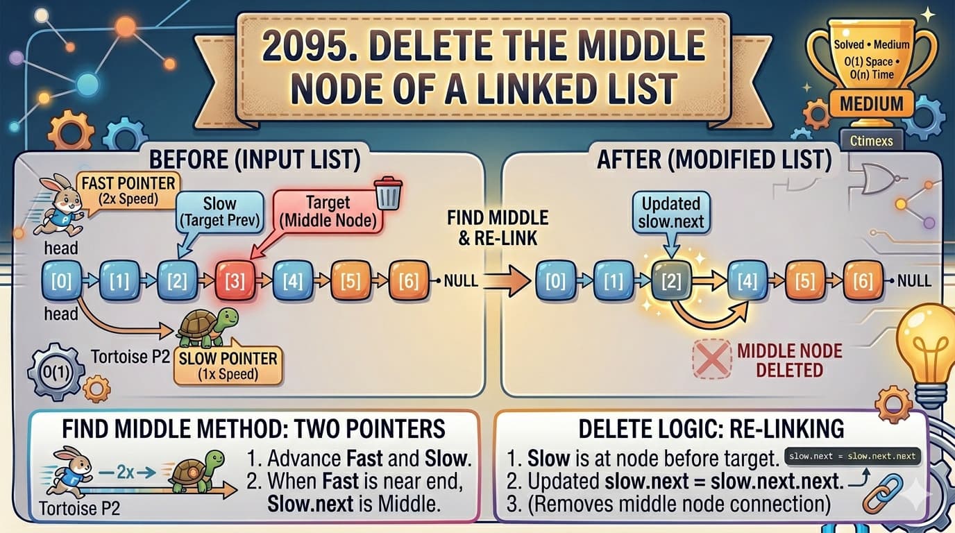 LeetCode 2095. Delete the Middle Node of a Linked List – Fast and Slow Pointer Approach