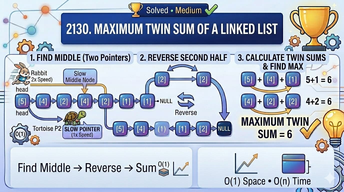 Maximum Twin Sum of a Linked List (LeetCode 2130) — Intuition, Dry Run & Optimal Approach